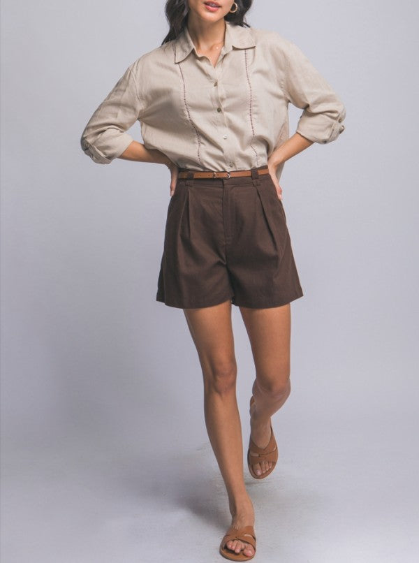 Love Tree High Waisted Leather Belt Related Shorts with Side Pockets