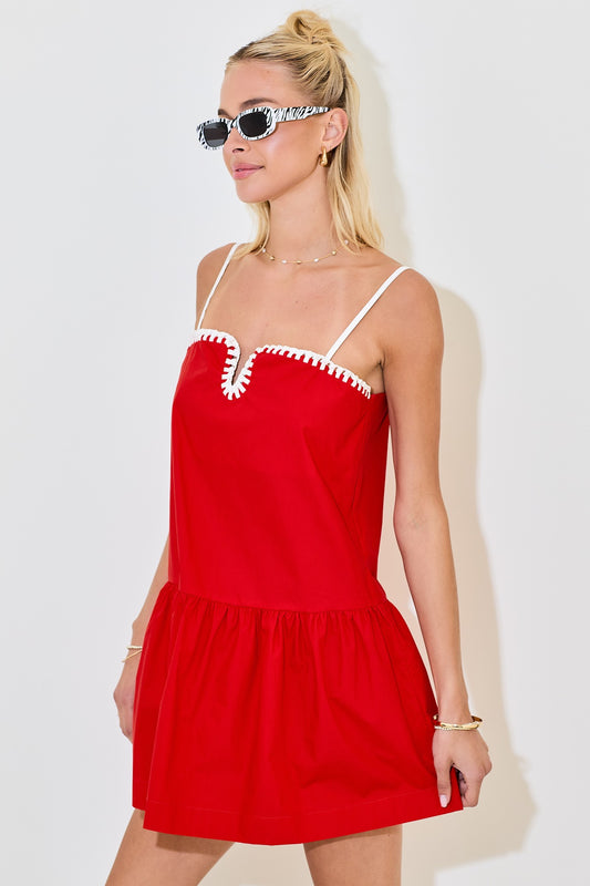 Day + Moon Poplin Drop Waist Mini Dress with Front Contrast Stitching Detail