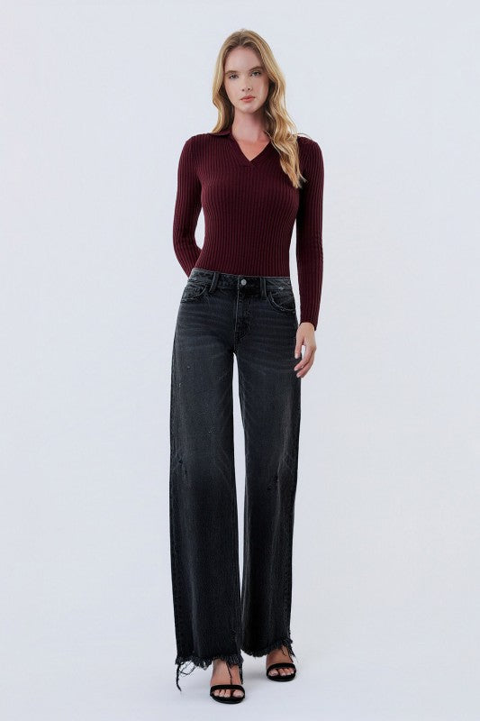 Vervet Mid Rise Distressed Hem Black Wide Leg Jeans Bottom