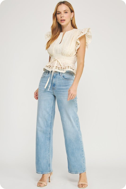 Strut & Bolt Eyelet Lace Trim Flutter Sleeve Peplum Top