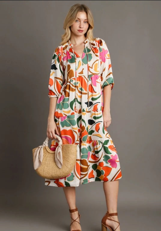 Umgee Abstract Satin Tiered Midi Dress with Bubble Sleeves, Ruffle Nec KHIANI Umgee Abstract Satin Tiered Midi Dress with Bubble Sleeves, Ruffle Nec KHIANI