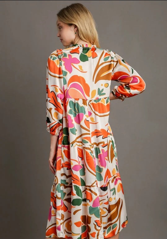 Umgee Abstract Satin Tiered Midi Dress with Bubble Sleeves, Ruffle Neckline