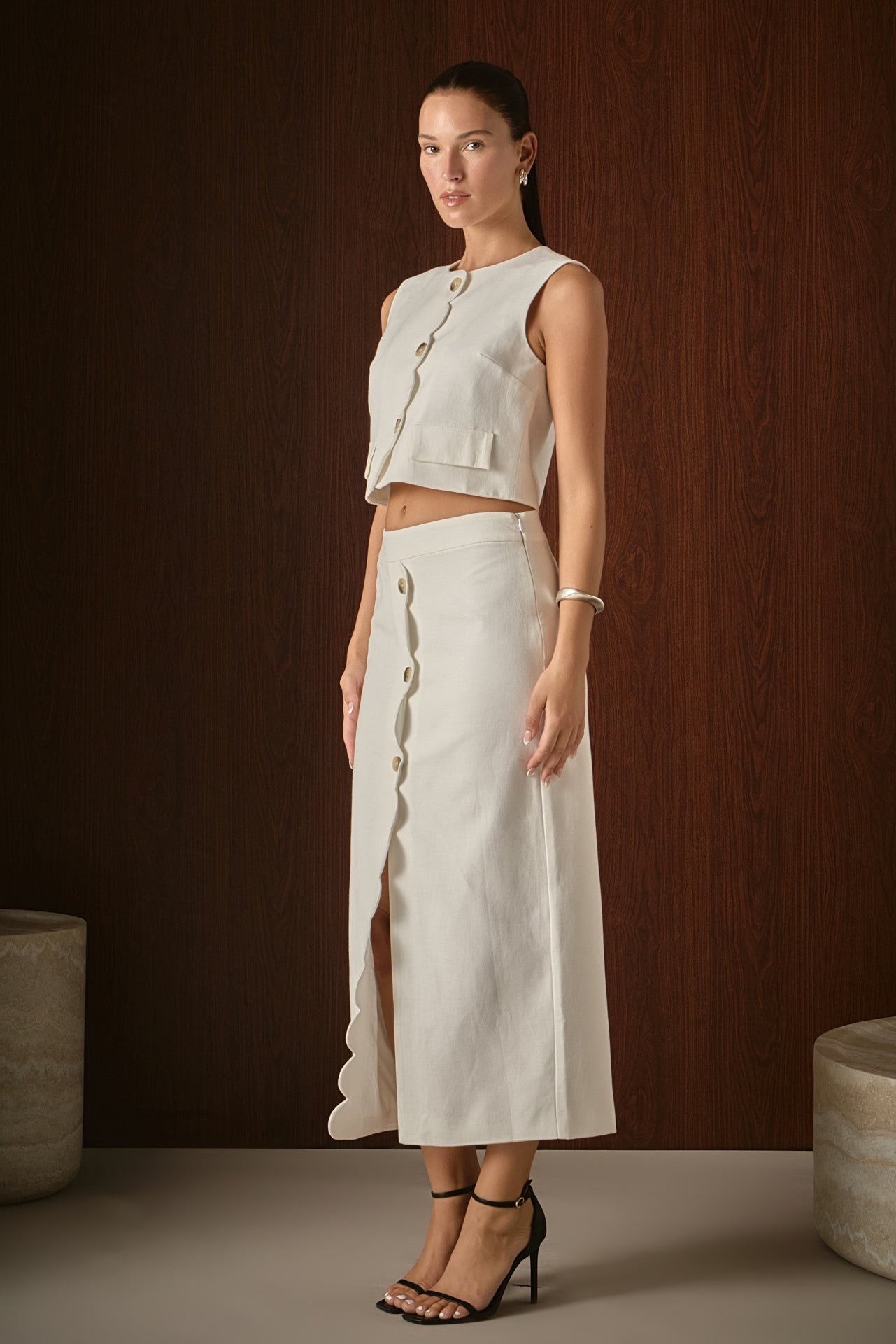 Endless Rose Scallop Edge Cropped Linen Vest with Matching Skirt Sets