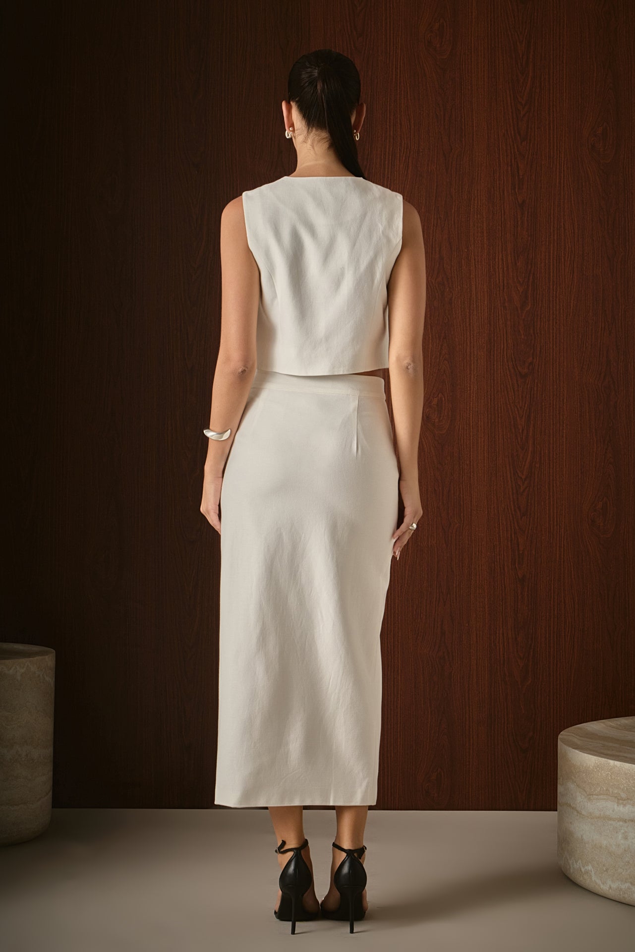 Endless Rose Scallop Edge Cropped Linen Vest with Matching Skirt Sets