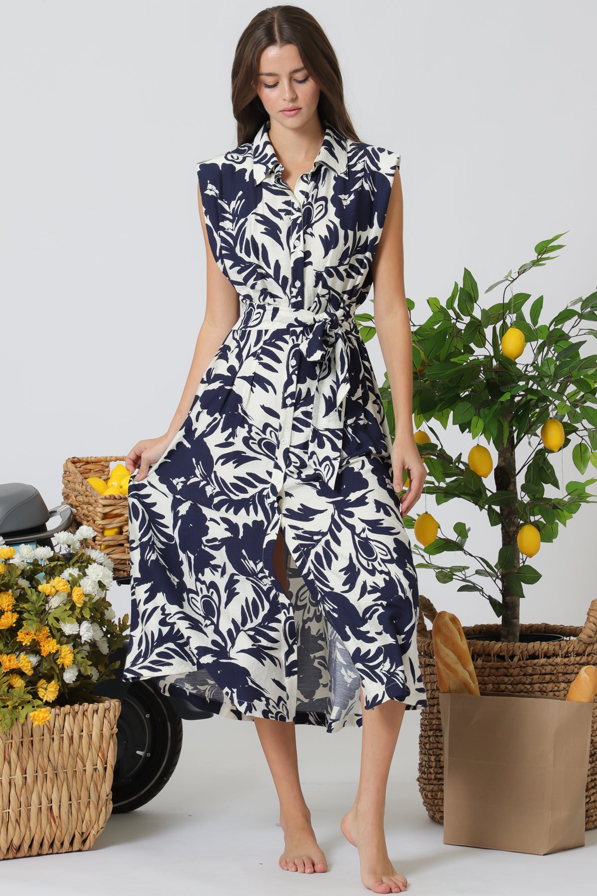 Aakaa Shoulder Pad Button Down Tie Front Waisted Midi Dress