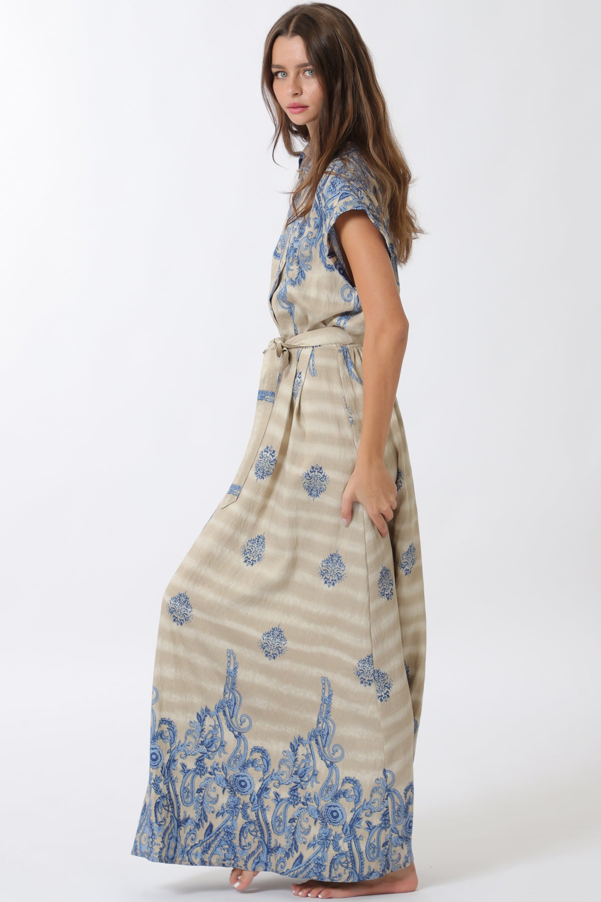 Aakaa Button Down Elastic Waisted Belted Maxi Dress