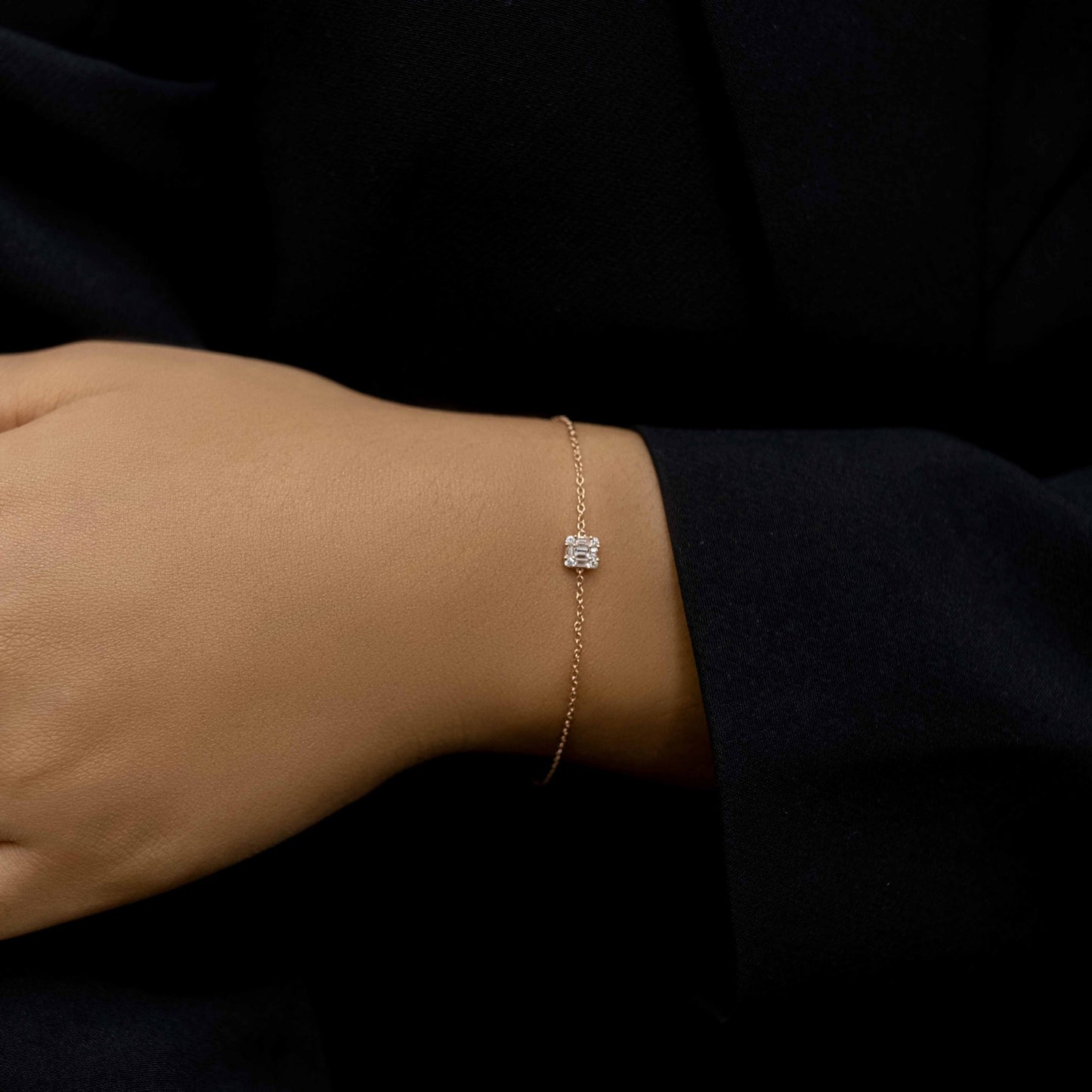 18K Rose Gold Baguette Square with Link Chain Bracelet