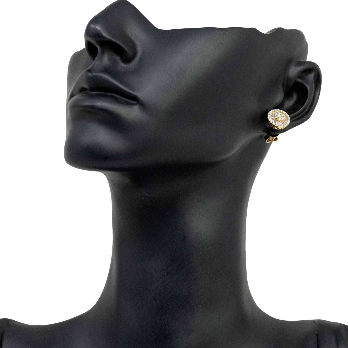 18K Yellow Gold Baguette Round Diamond Stud Earrings