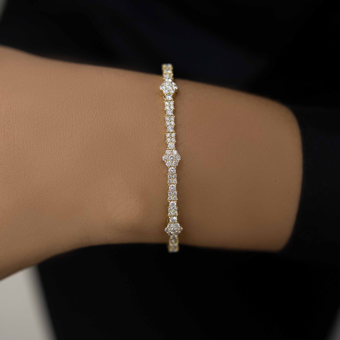 18K Yellow Gold and Diamond Flower Bangle