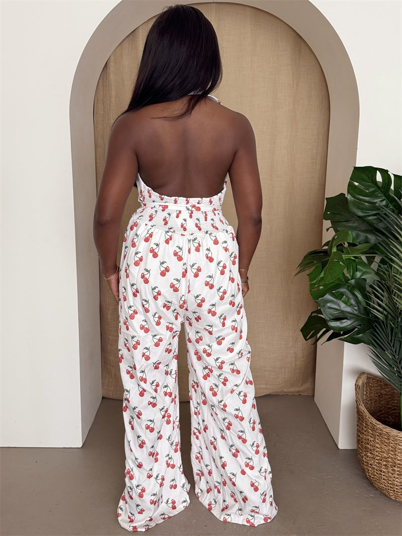 Endless Moon Cherry Print Halter Wide-Leg Jumpsuit