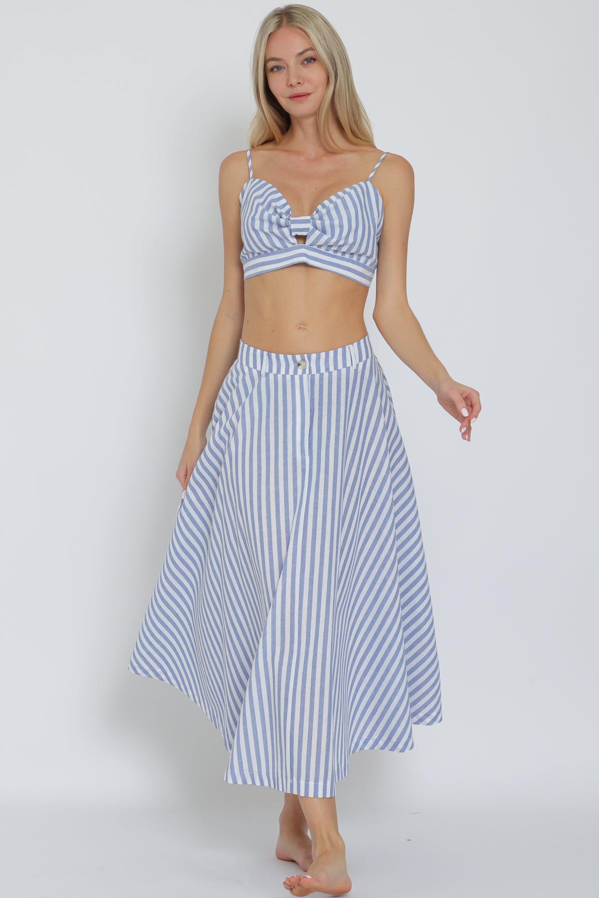 Aakaa Bra Top & High Waisted Stripe Midi Skirt Set