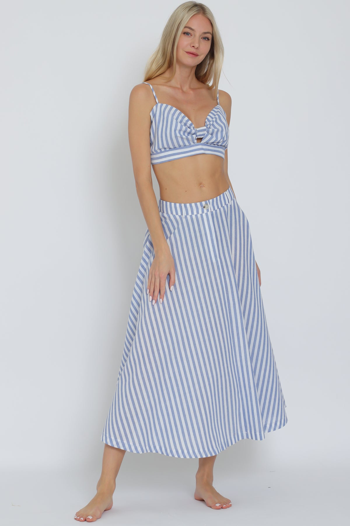 Aakaa Bra Top & High Waisted Stripe Midi Skirt Set