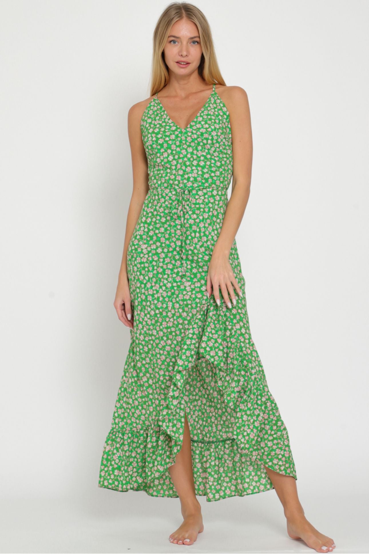 AaKaa Thin Adjustable Strap Belted Ruffle Hem Maxi Dress LARGE AaKaa Thin Adjustable Strap Belted Ruffle Hem Maxi Dress LARGE