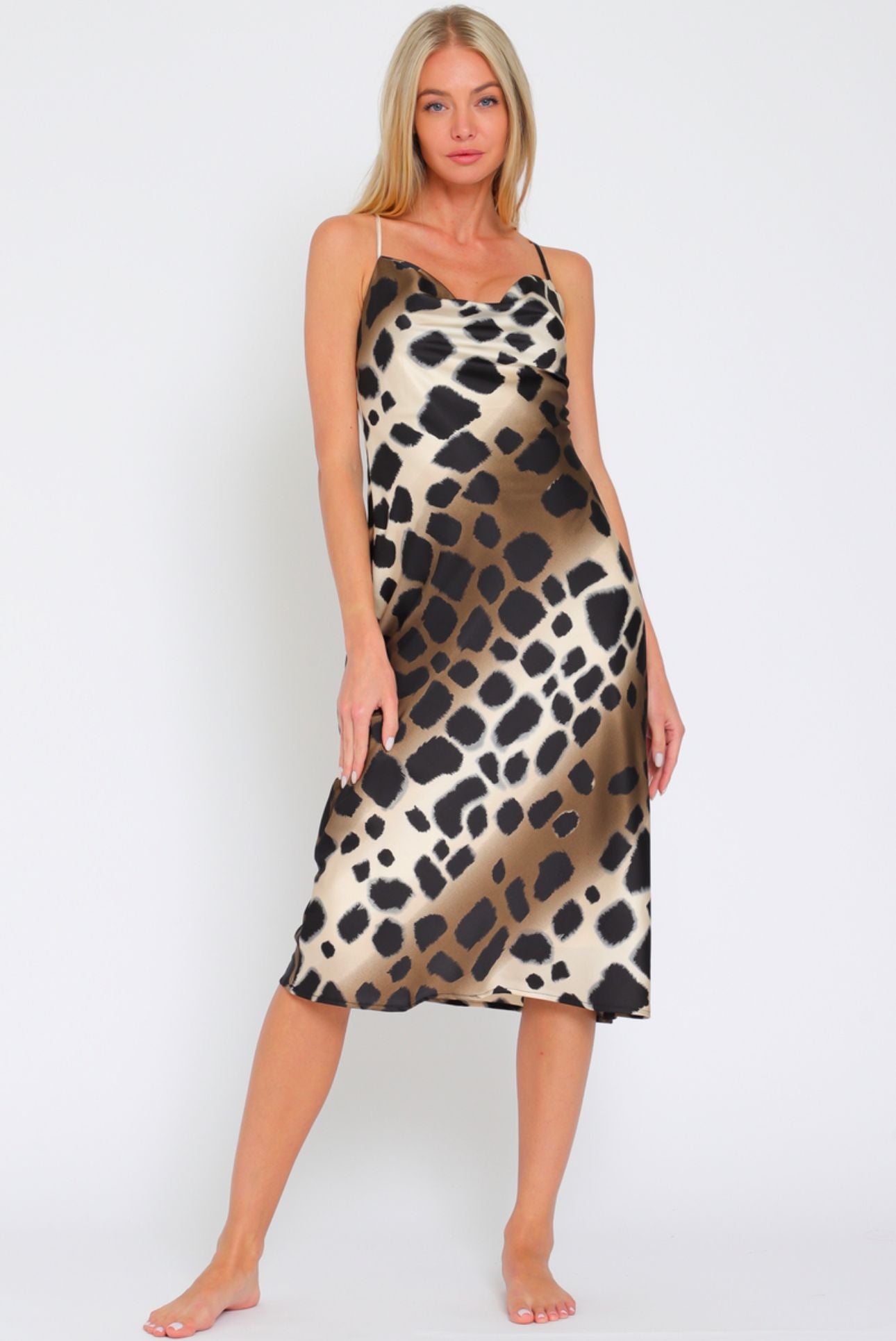 Aakaa Cowl Neck Thin Adjustable Strap Slip Midi Dress Medium Aakaa Cowl Neck Thin Adjustable Strap Slip Midi Dress Medium