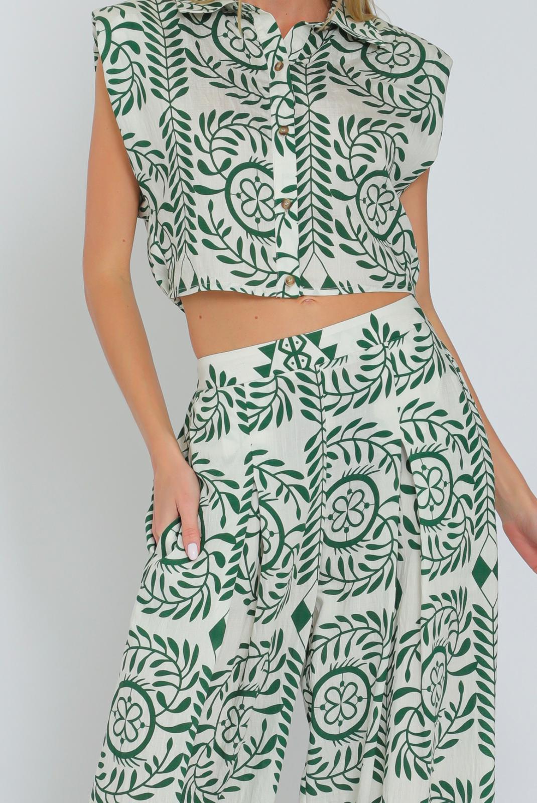 Aakaa Shoulder Pad Button Down Top & Long Pants Set