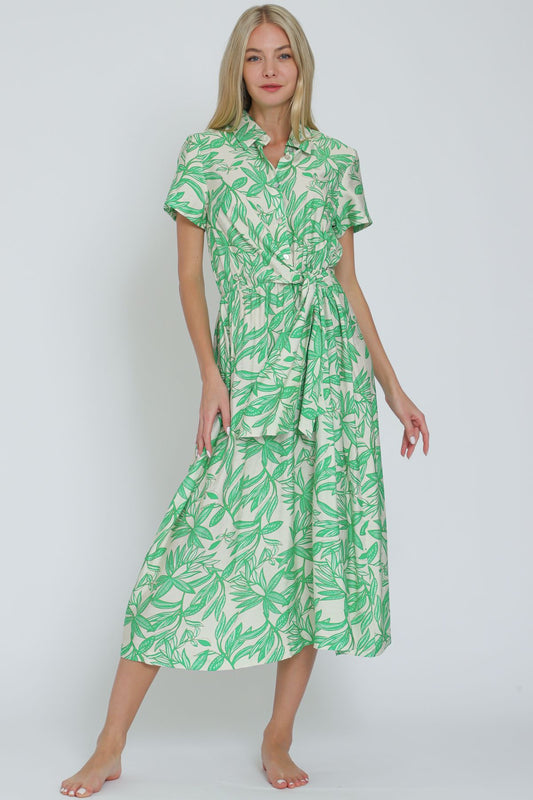 Aakaa Short Sleeve Tie Front Waisted Button Down Midi Dress