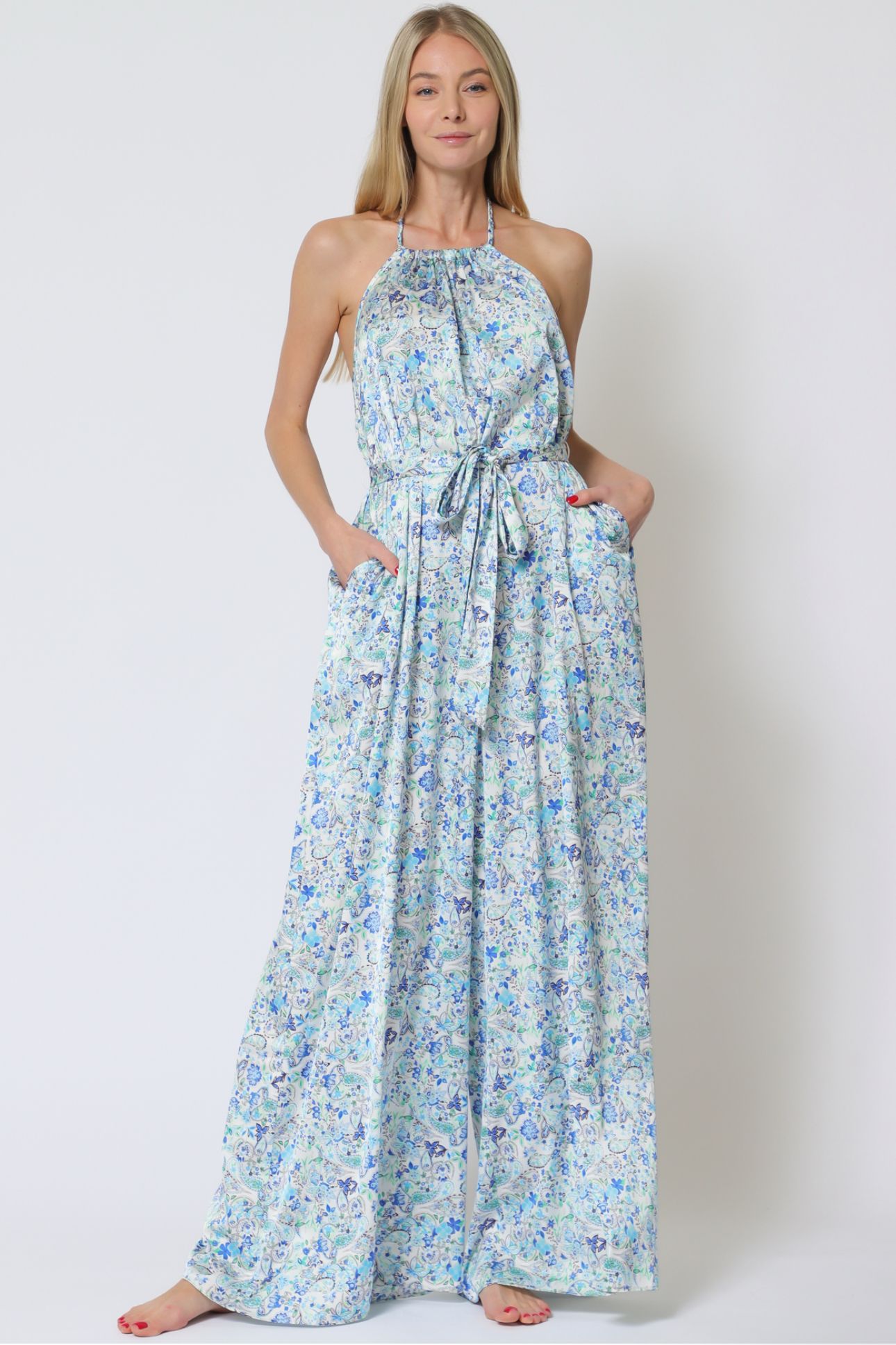 Aakaa Halter Braid Neck Strap Backless Belted Jumpsuit