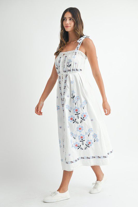 Mable Embroidered Shoulder Strap Midi Dress Medium