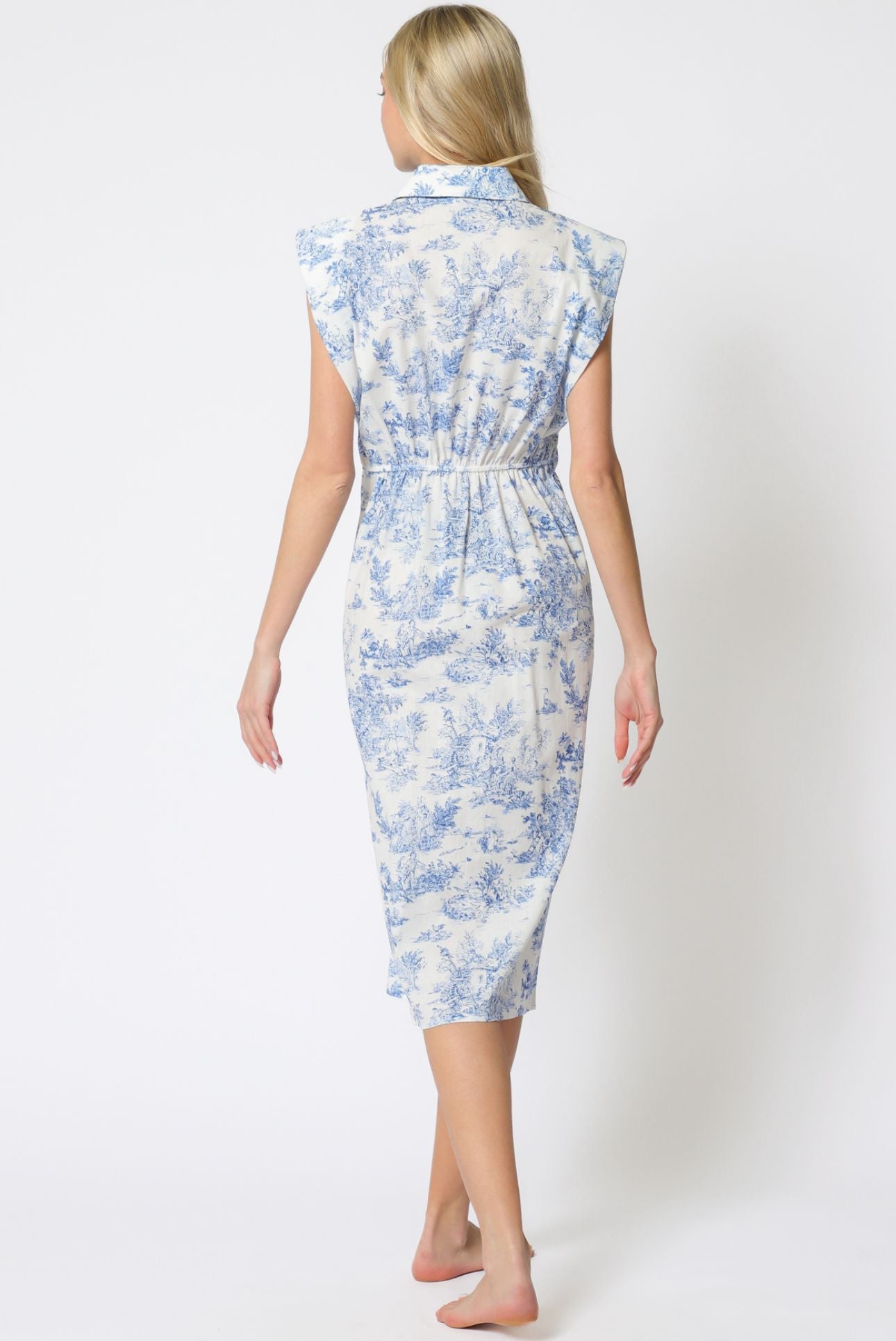 Aakaa Shoulder Pad Button Down Tie Front Waisted Midi Dress