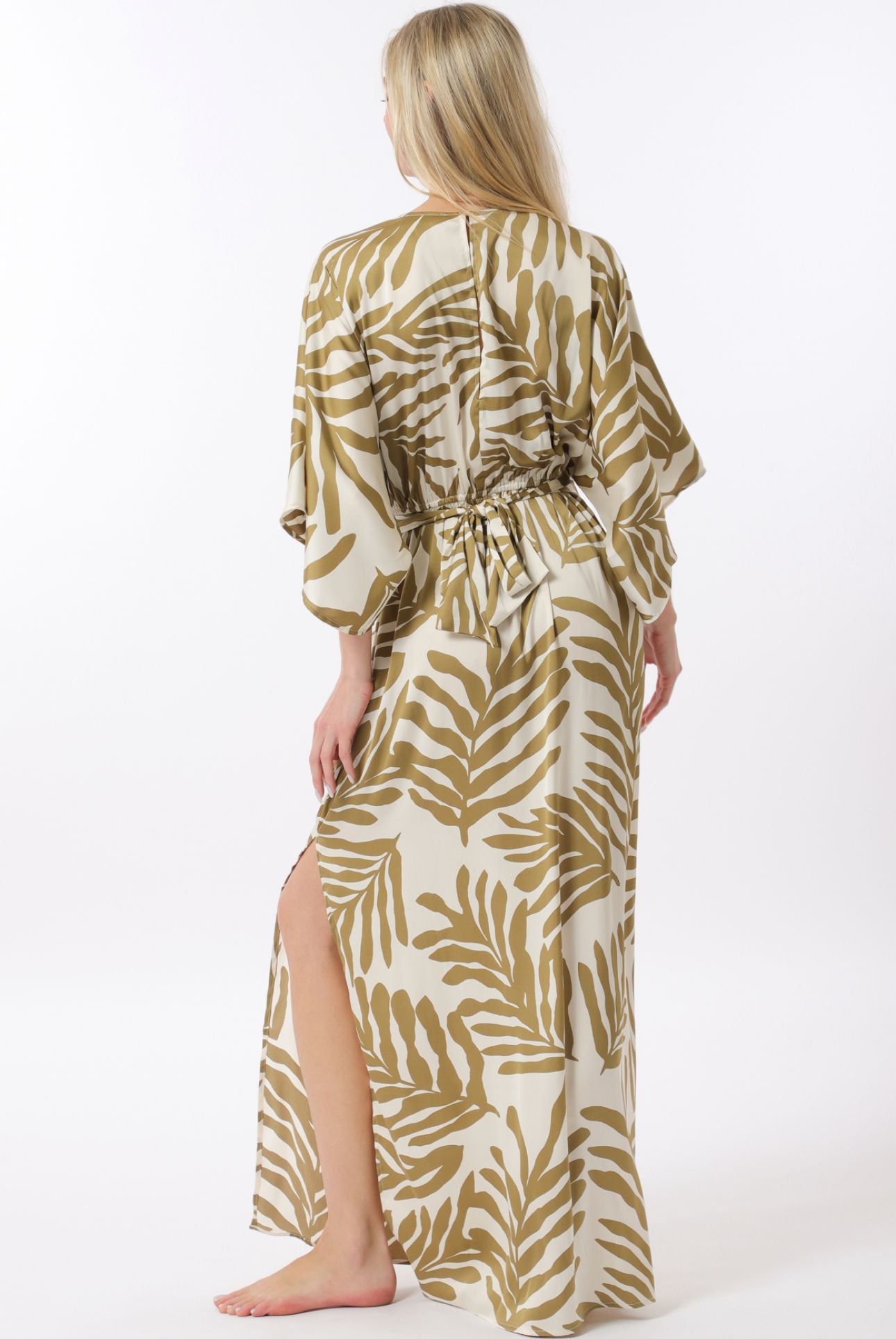 Aakaa Kimono Sleeve Tie Front Chest Elastic Back Waisted Dress