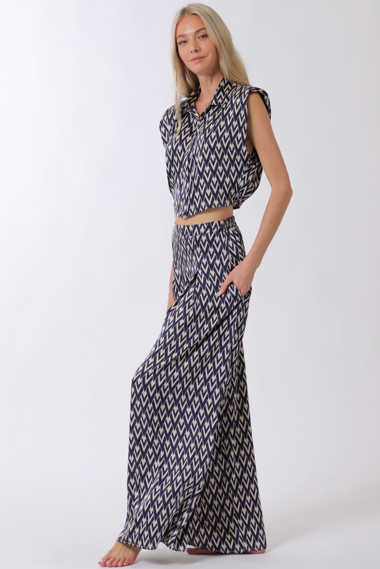 Aakaa Shoulder Pad Button Down Top & Long Pant Set