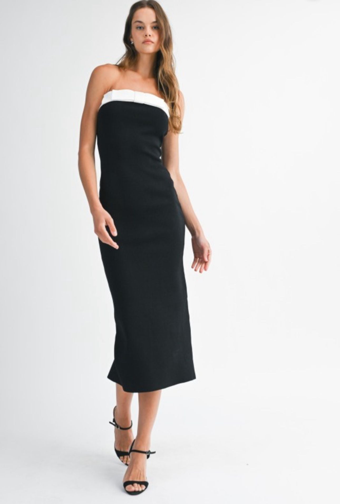 Mable Strapless Knit Contrast Trim Midi Dress with Bow