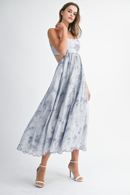 Mable Floral Print Contrast Scallop Edge Midi Dress