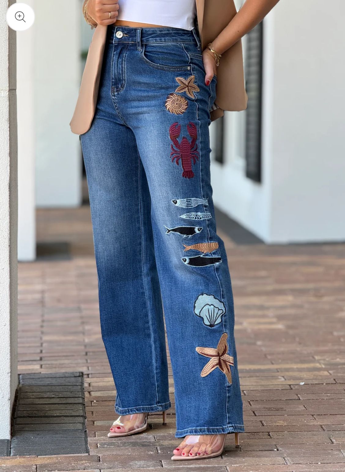 Peekskill High waisted Embroidered Denim Jeans with Lobster and Fish Design Bottom
