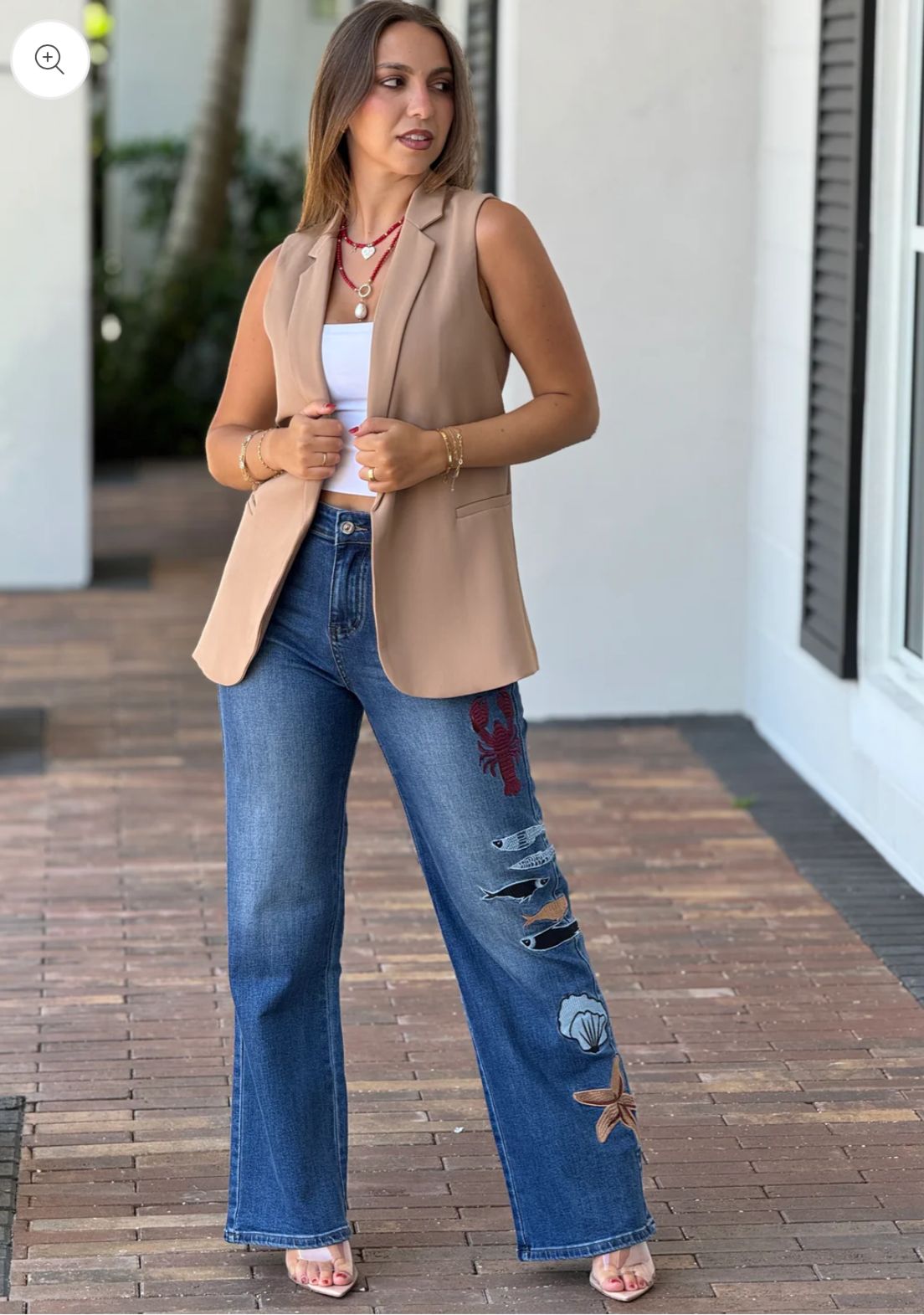 Peekskill High waisted Embroidered Denim Jeans with Lobster and Fish Design Bottom