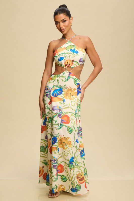 luxxel maxi dress Tropical Leaves Katia Scrunch Maxi Dress GREEN from Luxxel exclusive