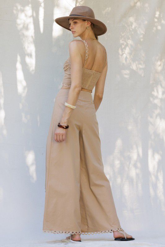 Eb luxe Scalp Trip Bottom-Front Crop Top with Embroidered Hem Wide-Leg pants Set