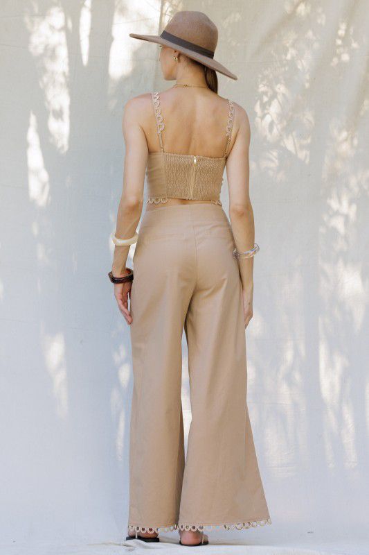 Eb luxe Scalp Trip Bottom-Front Crop Top with Embroidered Hem Wide-Leg pants Set