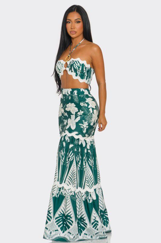 H&Y 2PC Halter Corset & Layered Macrame Print Maxi Skirt Set