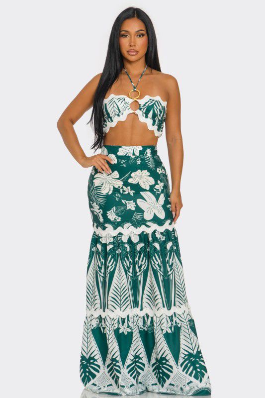 H&Y 2PC Halter Corset & Layered Macrame Print Maxi Skirt Set