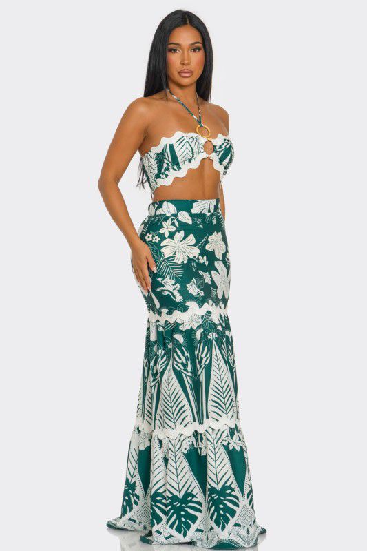 H&Y 2PC Halter Corset & Layered Macrame Print Maxi Skirt Set