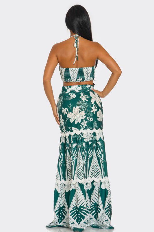 H&Y 2PC Halter Corset & Layered Macrame Print Maxi Skirt Set
