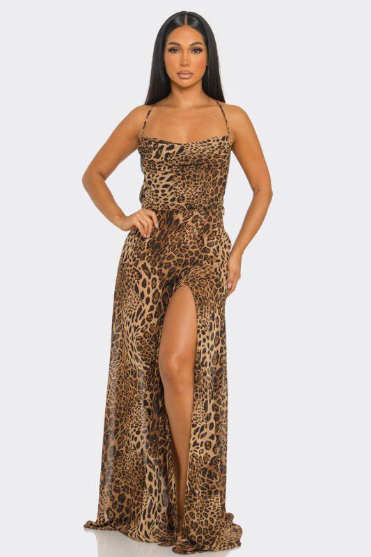 H&Y Leopard Print Casual Suspender Dress