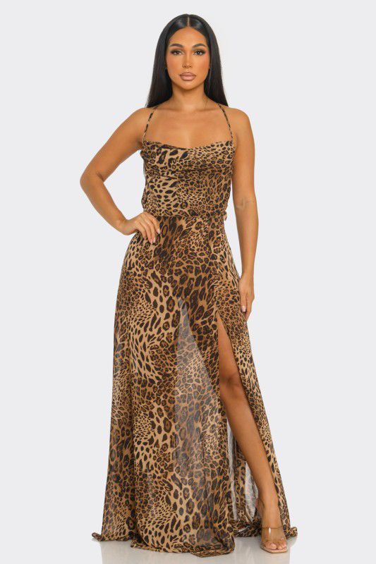 H&Y Leopard Print Casual Suspender Dress