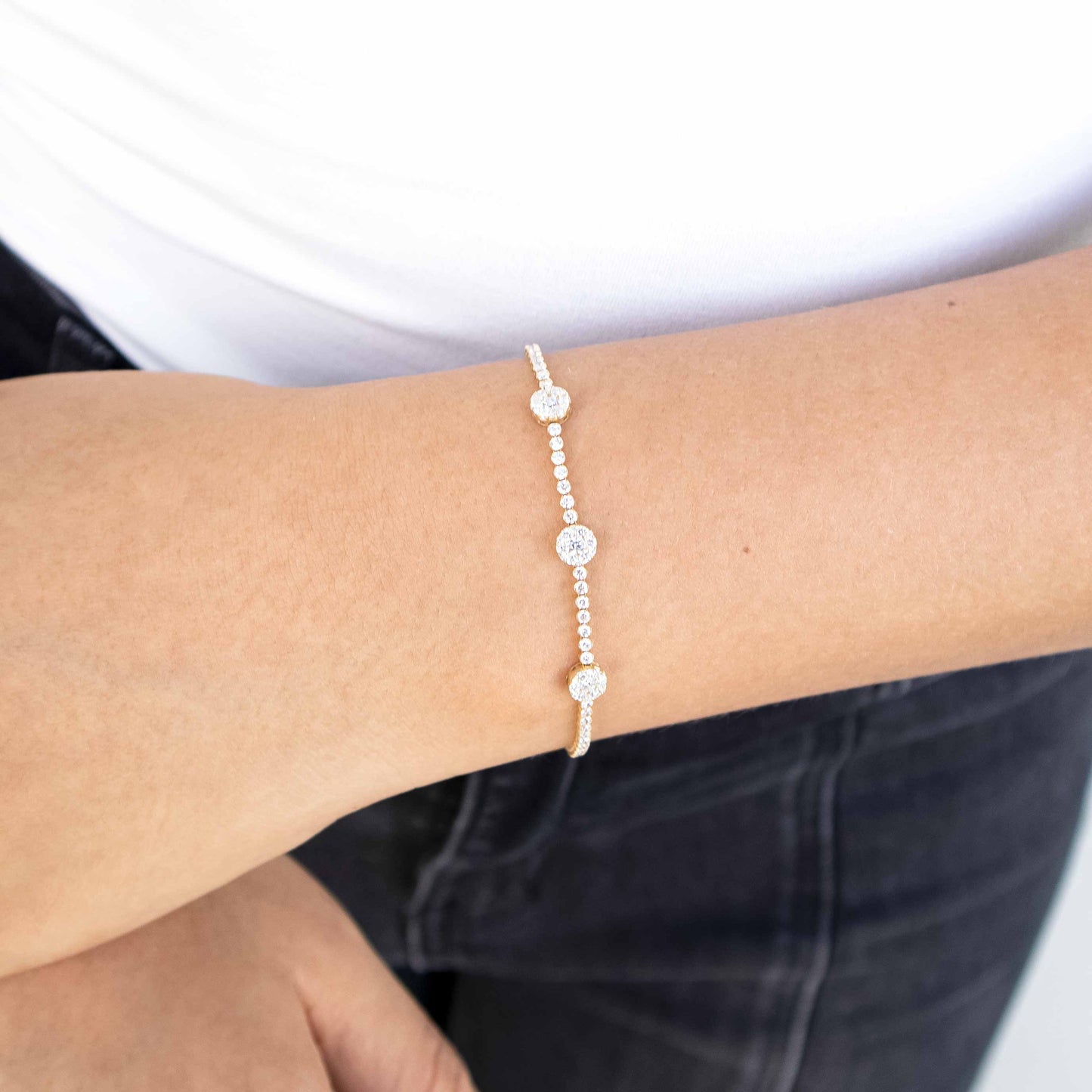 14K Yellow Gold Diamond Tennis Bracelets With 3 Clusters