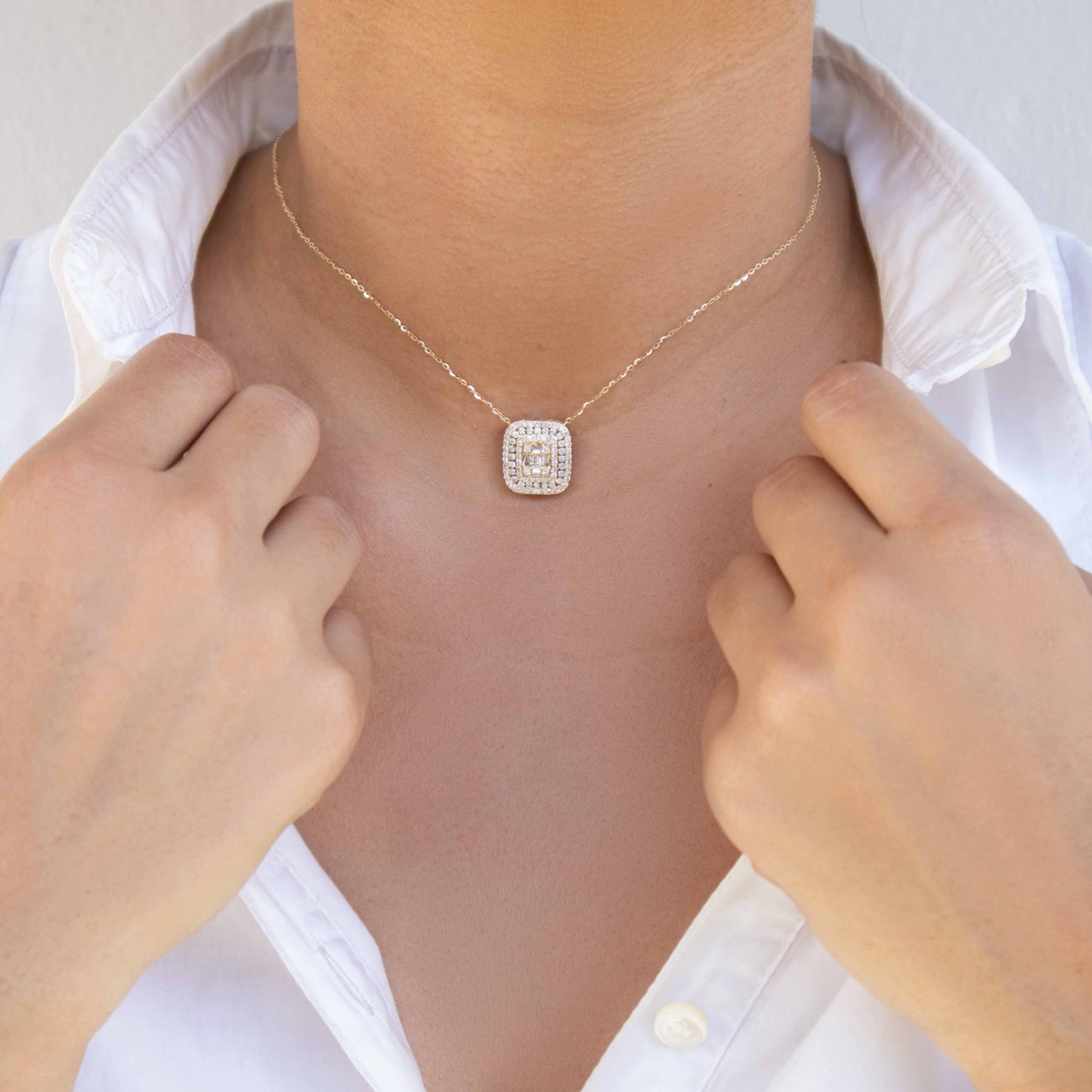 14K Yellow Gold Square Diamond Pendant Necklace