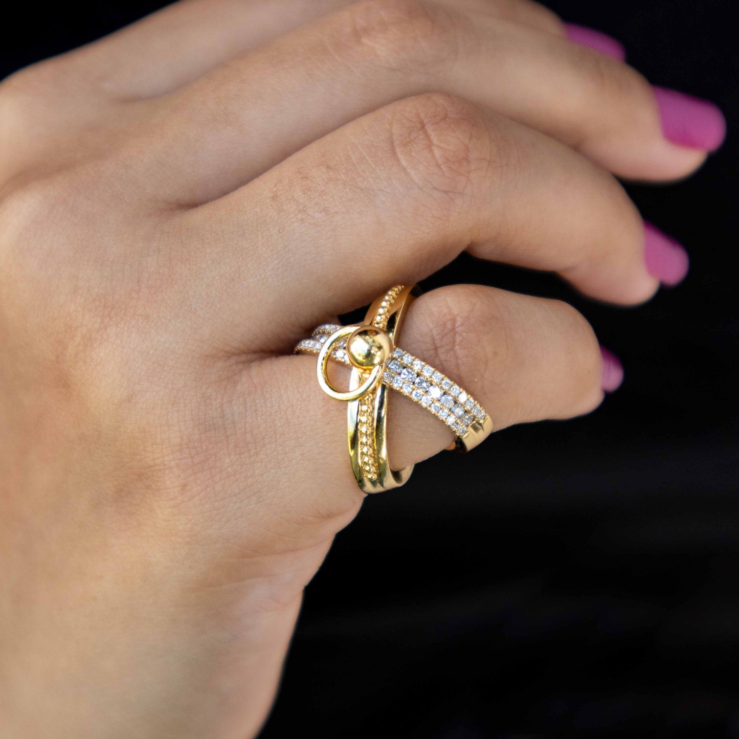 18K Yellow Gold and Diamond Door Knocker Ring