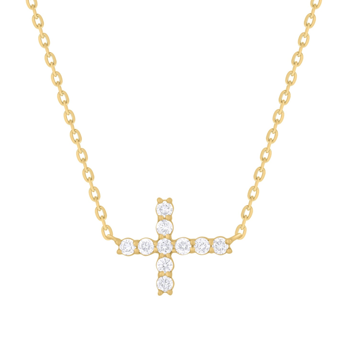 14k Yellow Gold and Diamond Side Cross Necklace