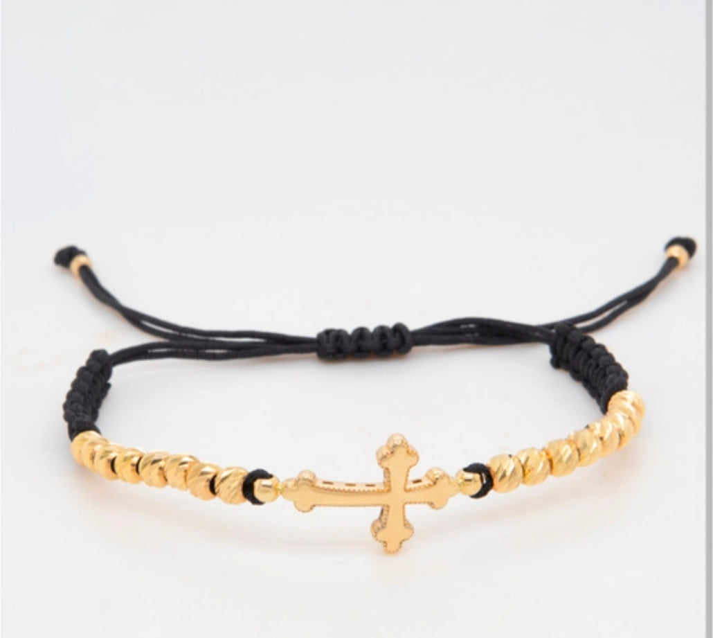 14K Yellow Gold Cross with black String Men Bracelet