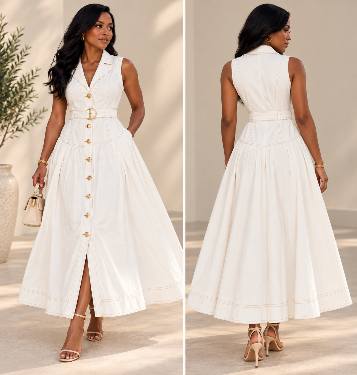 Dreamer Gold-Button Belted Maxi Dress