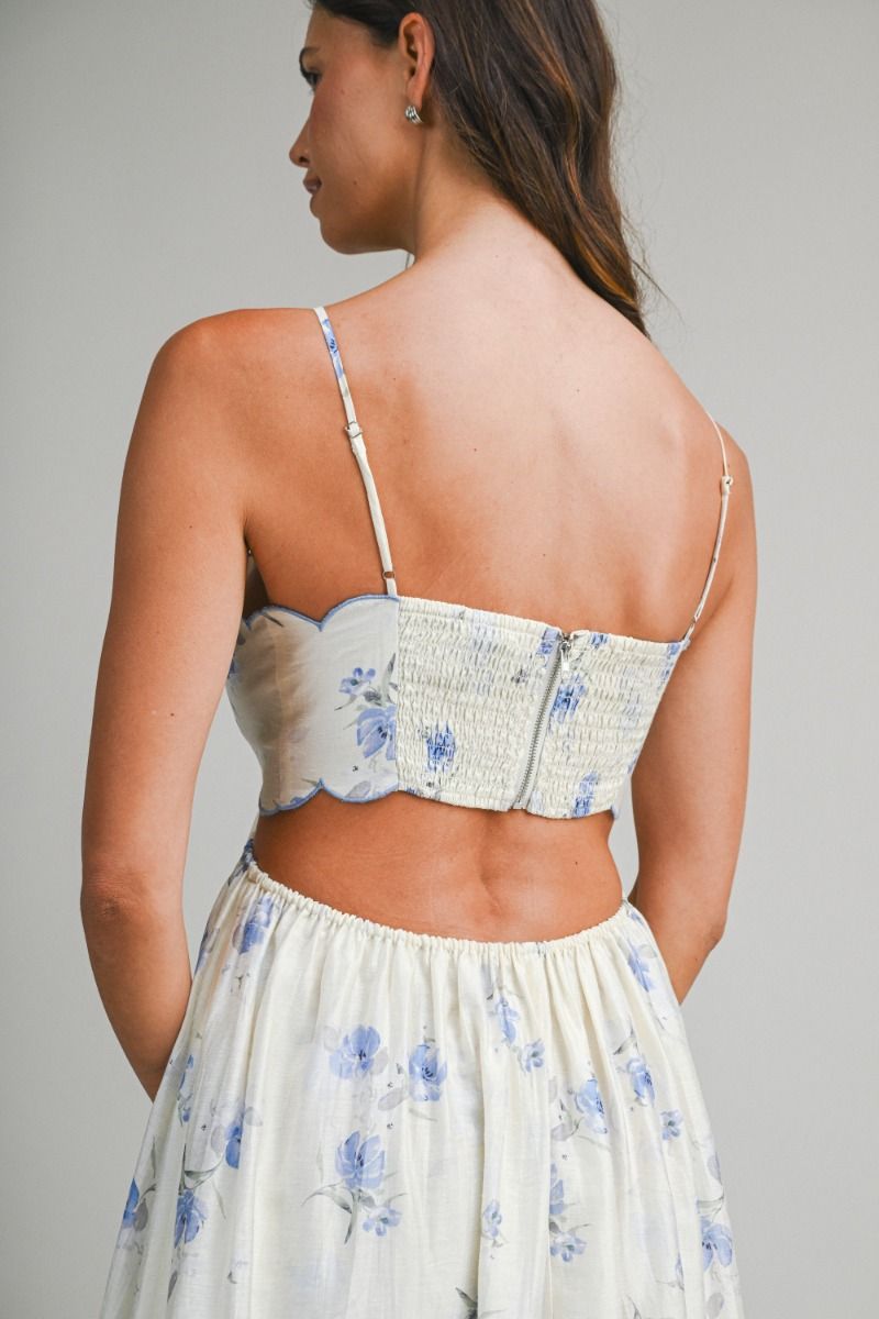 Mable Floral Printed Scallop Edge Spaghetti Contrast Scalloped Edge Back Cut out Dress