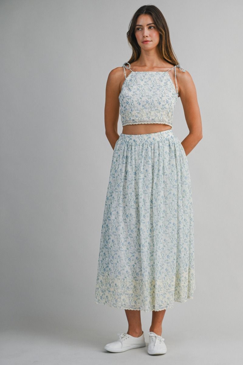 Mable Embroidered Crop Top and Midi Skirt Set