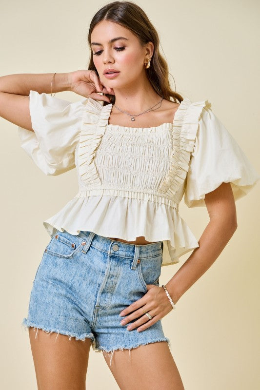 Day + moon Bubble Sleeve Smocked Peplum Ruffle Trim Top