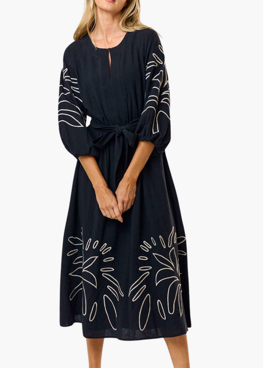Lalavon Embroidered Puff Sleeve Midi Dress