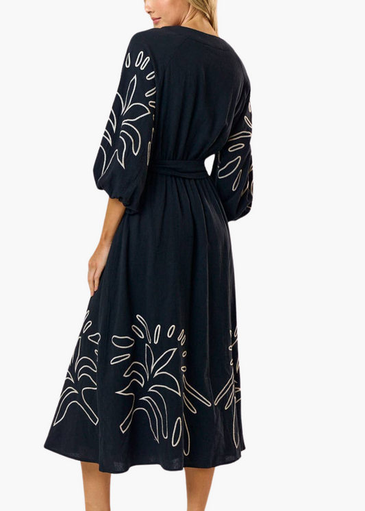 Lalavon Embroidered Puff Sleeve Midi Dress