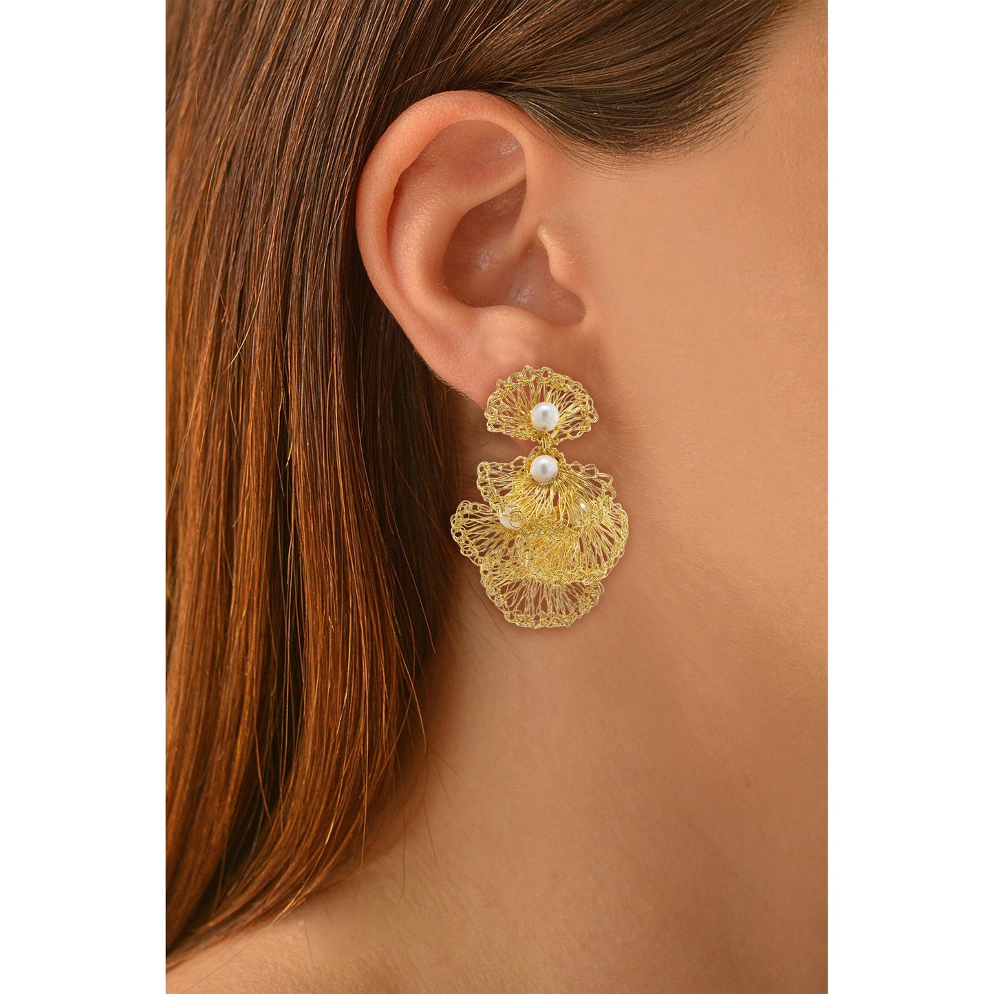 Lavish Earrings Pearl and Gold Handmade Crochet Earrings